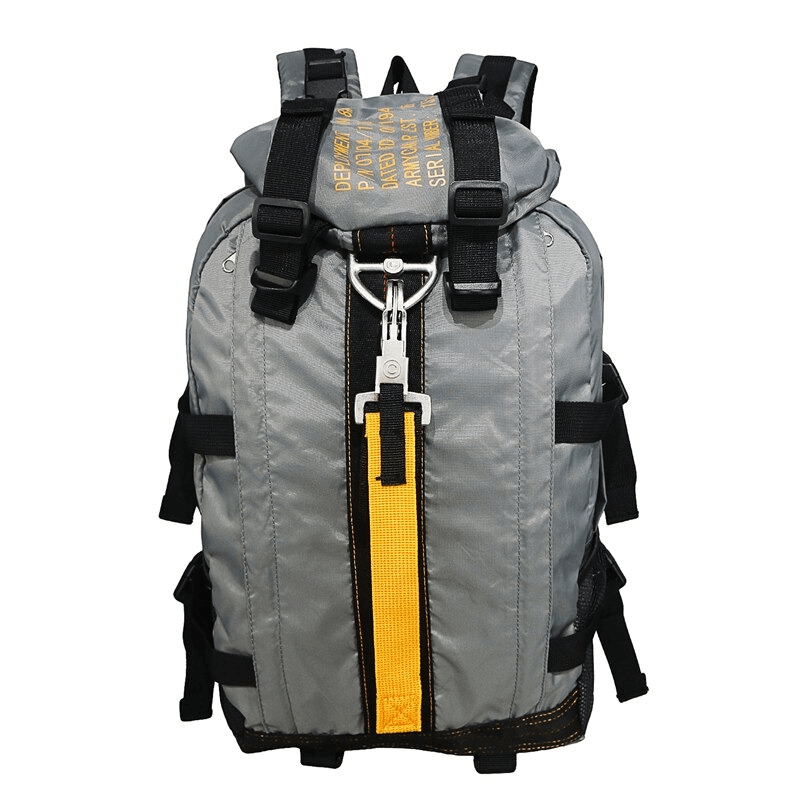 Lightweight Tactical Travel Rucksack SF0451 in gray with yellow accents, perfect for hiking and camping, featuring robust nylon and multiple pockets.